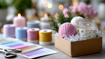 Diy christmas gift set with yarn and candles in an open cardboard box on a light desk