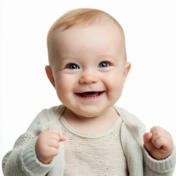 cheerful 8-10-month old baby boy in rompers smiling with happiness, isolated over white