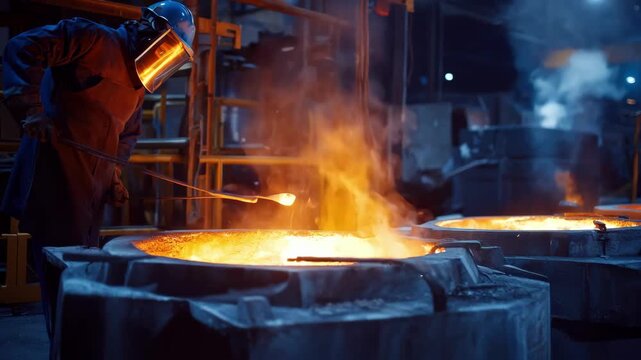 Medium shot of a technician performing vacuum degassing on molten aluminum removing trapped gases to improve metal quality in an industrial setting.