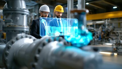 Faceless engineers examining glowing holographic panels in front of complex pipe systems, foreground valves in shallow depth of field, with copy space - Powered by Adobe