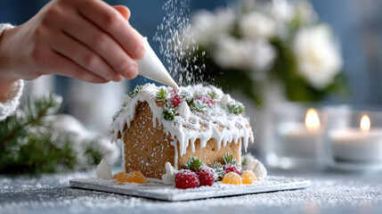 Adult hands decorating gingerbread house with icing and candied fruits on blue counter at home