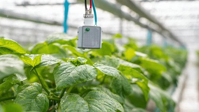 Medium shot of wireless IoT humidity sensors installed in a greenhouse capturing realtime moisture levels for precision plant care