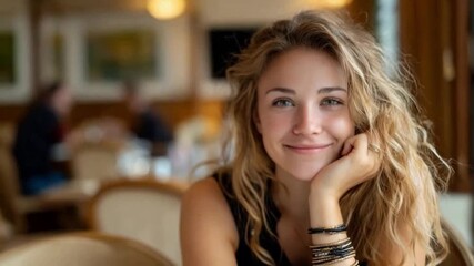 Serene Cafe Portrait: A captivating woman with a gentle smile exudes tranquility as she leans casually, radiating warmth and poise within a charming café setting.