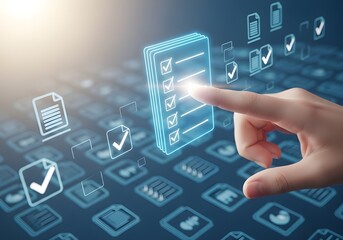 Hand interacting with a digital checklist and task management icons