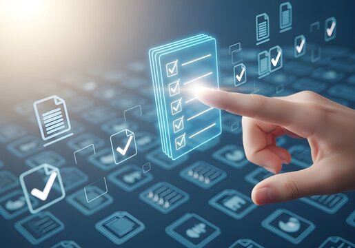 Hand interacting with a digital checklist and task management icons