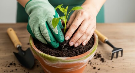 Hands Planting Small Seedling in Soil Pot. hands wearing gardening gloves with soil gently planting a small green seedling into a terracotta pot filled with rich soil. Represents growth, gardening