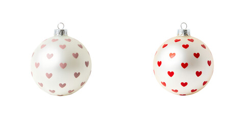 Festive christmas baubles and ornaments with classic red and pink heart patterns, blending holiday cheer with a touch of love and romance