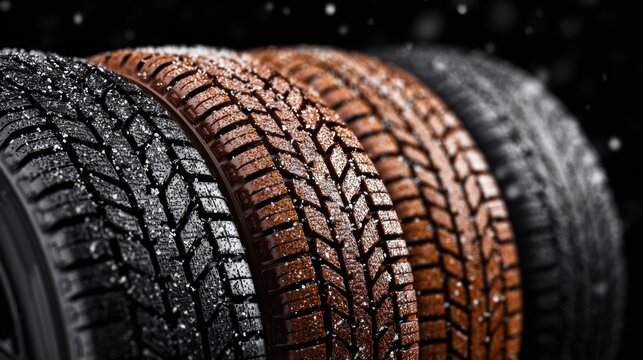 Different Tire Treads Displayed in a Close-Up View, Highlighting Unique Designs for Various Weather Conditions and Driving Needs