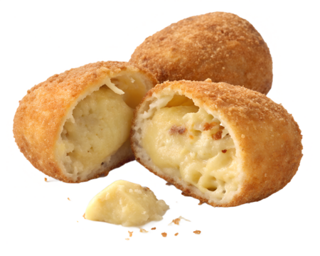 Photorealistic image of carimañola (yuca fritter stuffed with cheese or meat), crispy exterior, isolated on transparent background.