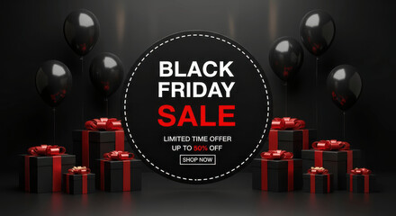 Black Friday Sale Text on Round Label Surrounded by Red and Black Balloons on Dark Background with Glitter for Limited Time Offer