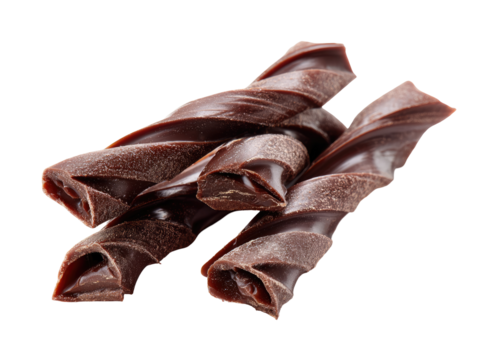 Three twisted chocolate candies, dark rich chocolate, smooth glossy surface, broken pieces revealing inner chocolate, decadent dessert, closeup view