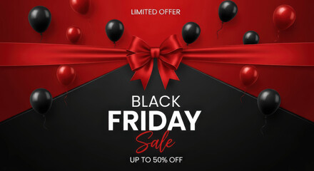 Black Friday Sale Background with Luxury Red Satin Ribbon Bow and Floating Red and Black Balloons for Limited Offer Discount
