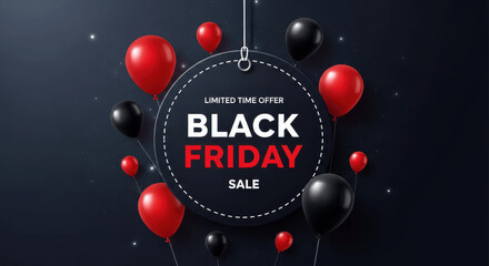 
Black Friday Sale Text on Round Label Surrounded by Red and Black Balloons on Dark Background with Glitter for Limited Time Offer