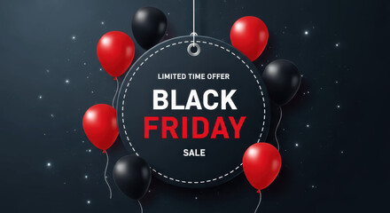 
Black Friday Sale Text on Round Label Surrounded by Red and Black Balloons on Dark Background with Glitter for Limited Time Offer