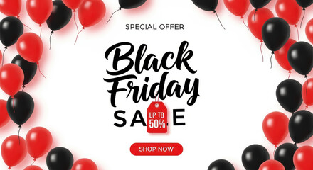Black Friday Sale Banner with Red and Black Helium Balloons Border and Up To 50 Percent Special Offer Discount