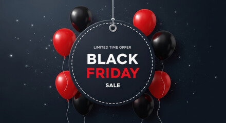 
Black Friday Sale Text on Round Label Surrounded by Red and Black Balloons on Dark Background with Glitter for Limited Time Offer