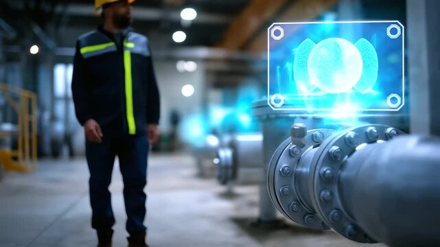 Obscured silhouette of a worker walking past large valves, floating holographic alerts slightly defocused, industrial mood, with copy space