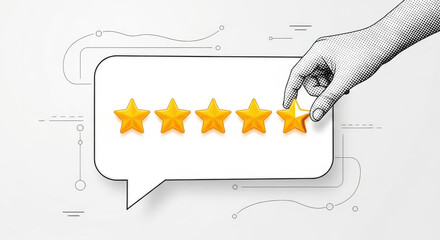 Hand Placing Last Gold Star to Complete Seven Star Customer Review Rating in Speech Bubble for Excellence and Feedback