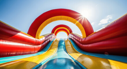 
Brightly Colored Inflatable Bouncing Castle Slide Tunnel Against Clear Blue Sky and Sun Flare for Summer Fun and Outdoor Activities