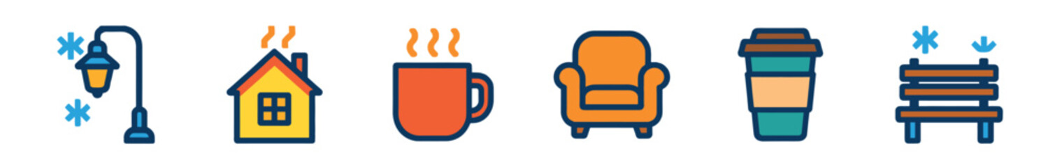 Colorful flat design icons depicting winter and cozy elements, featuring a snowy streetlight, a warm house, steaming drinks, a comfortable armchair, and a snowy park bench