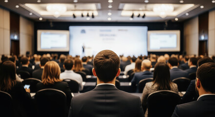 Rear View of Business People Attending Large Conference or Seminar in Convention Hall with Speaker on Stage
