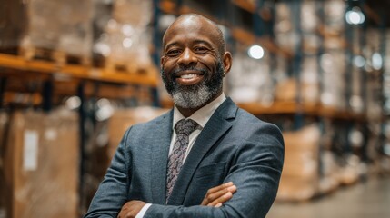 A smiling business man stands in a busy warehouse showcasing confidence amid stacked boxes.