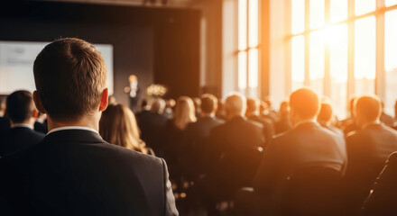 Rear View of Business Audience Listening to Speaker on Stage in Large Conference Hall with Bright Window Light