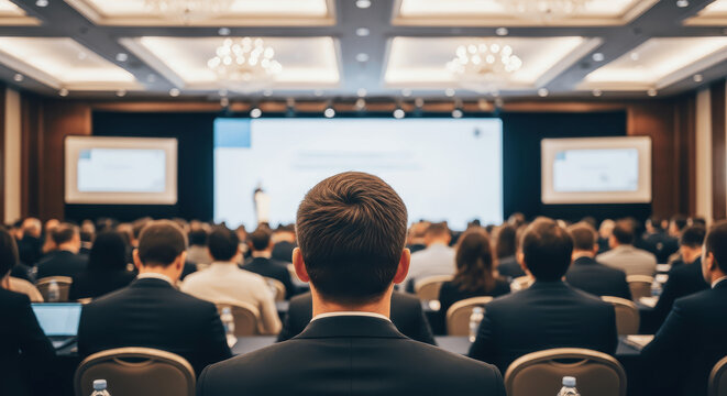 Audience Member Applauding at Business Conference or Live Event with Hands Raised and Stage Lights - Powered by Adobe