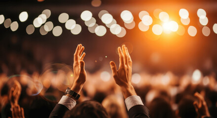 Audience Hands Clapping in Celebration at Concert or Event with Bright Stage Light Flare and Bokeh Background