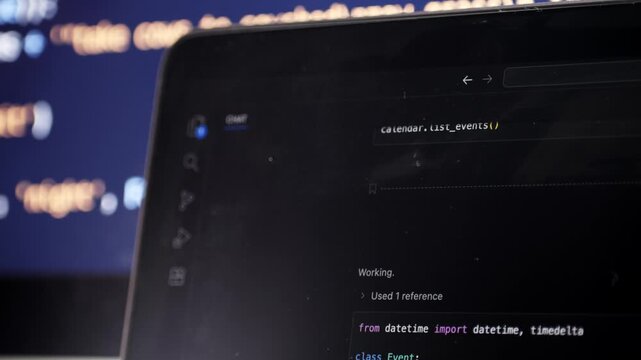 Developer software programming python code with chat bot AI. HTML code on lcd screen. Developer working on source codes on computer at office. Modern technologies, web design. Python programming