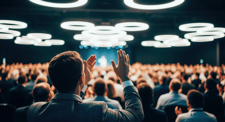 Audience Member Applauding at Business Conference or Live Event with Hands Raised and Stage Lights