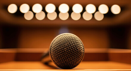 Close-up of Microphone Lying on Stage Ready for Public Speaking, Conference, or Performance with Warm Bokeh Lights