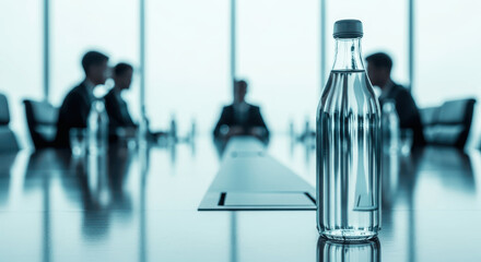 Water Bottle on Conference Table with Blurred Business Meeting Silhouettes in Modern Office Window View