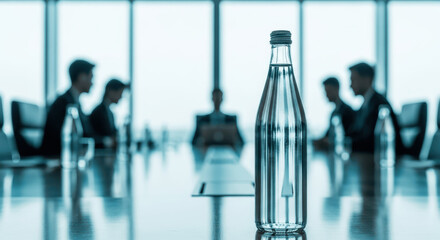 Water Bottle on Conference Table with Blurred Business Meeting Silhouettes in Modern Office Window View