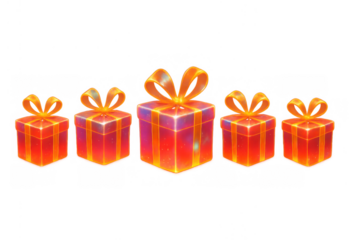Glowing red and orange gift boxes with bright ribbons for holidays, celebrations, and special occasions, transparent background