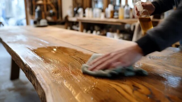 Person gently spreading tung oil sealant on a wooden tabletop showcasing traditional ecoconscious wood treatment in a welllit workshop.