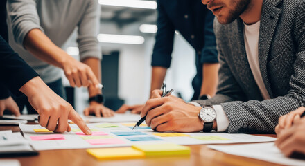 
Creative Business Team Brainstorming and Discussing Strategy around Table with Colorful Sticky Notes and Documents