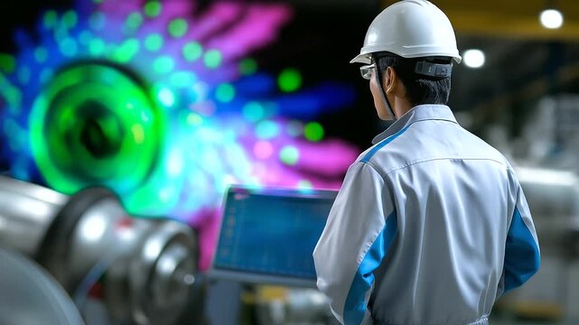 Back view of a technician observing a large holographic pressure map, surrounding machinery in soft bokeh, with copy space