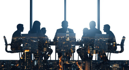 Double Exposure of Business Team Meeting Silhouette and Illuminated Night Cityscape for Corporate Strategy and Global Business