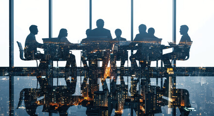 Double Exposure of Business Team Meeting Silhouette and Illuminated Night Cityscape for Corporate Strategy and Global Business