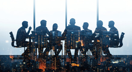 Double Exposure of Business Team Meeting Silhouette and Illuminated Night Cityscape for Corporate Strategy and Global Business