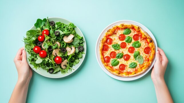 A person making a dietary choice between a healthy salad and a pizza, symbolizing the daily decisions impacting fitness goals
