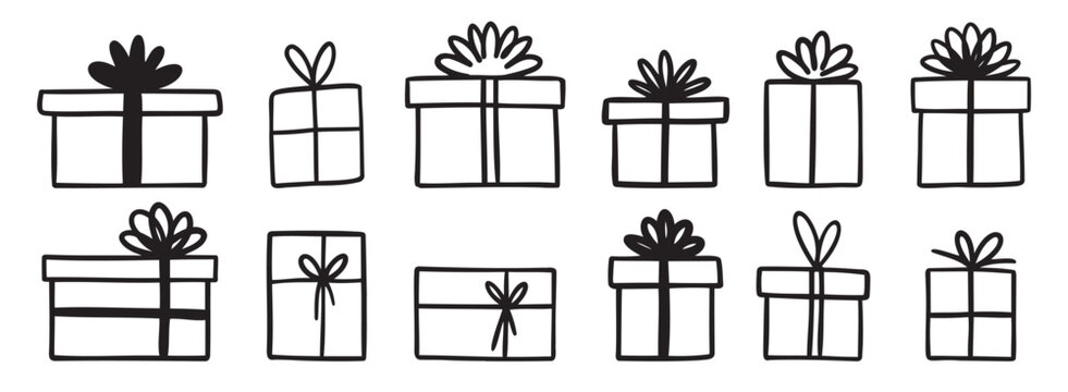 gift box doodle. Gift doodle bow present with ribbon illustration. Present hand drawn icon decorative outline element