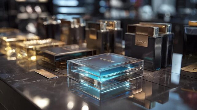 Acrylic point of sale display in medium shot emphasizing sleek transparent material highlighting luxury product samples on a store counter with reflective surfaces.