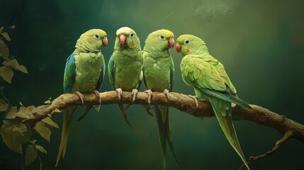 Two vibrant green Budgerigar parrots perched on a branch, close-up portrait, natural lighting, showcasing their colorful plumage and intricate details.
