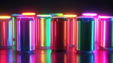 Neon-lit soda can still life showcasing vibrant colors and a refreshing, wet, and cool aesthetic for advertising or beverage-themed visuals.