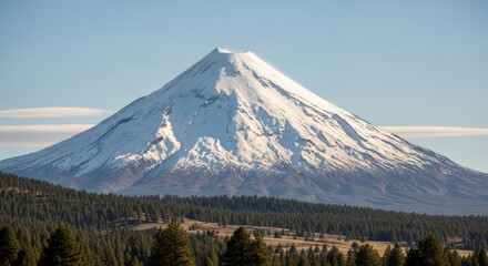 Fototapeta premium Snow-capped volcanic mountain with pine forest in daylight