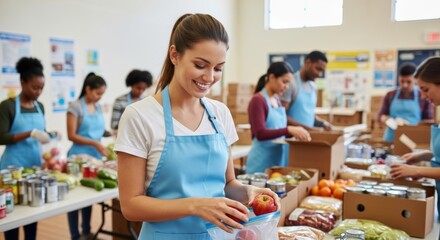 Fototapeta premium Young caucasian female volunteer sorting food at community donation center