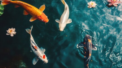 Koi Fish Swimming in Tranquil Pond - Japanese Ornamental Carp in Clear Water, Nature Stock Photography