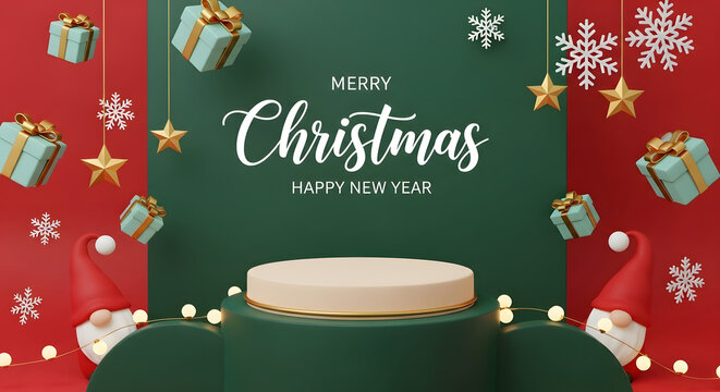 merry christmas greeting card banner with white outline gift boxes border on bright red background vector illustration